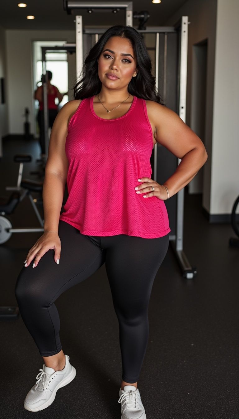 La mujer mide 1.62 m, pesa 72 Kg y usa talla L-XL