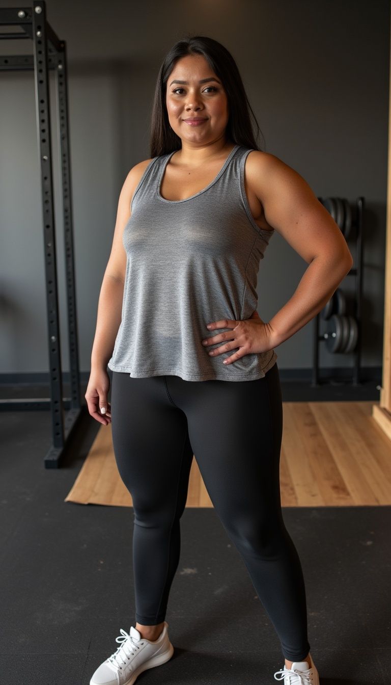 La mujer mide 1.62 m, pesa 70 Kg y usa talla L-XL