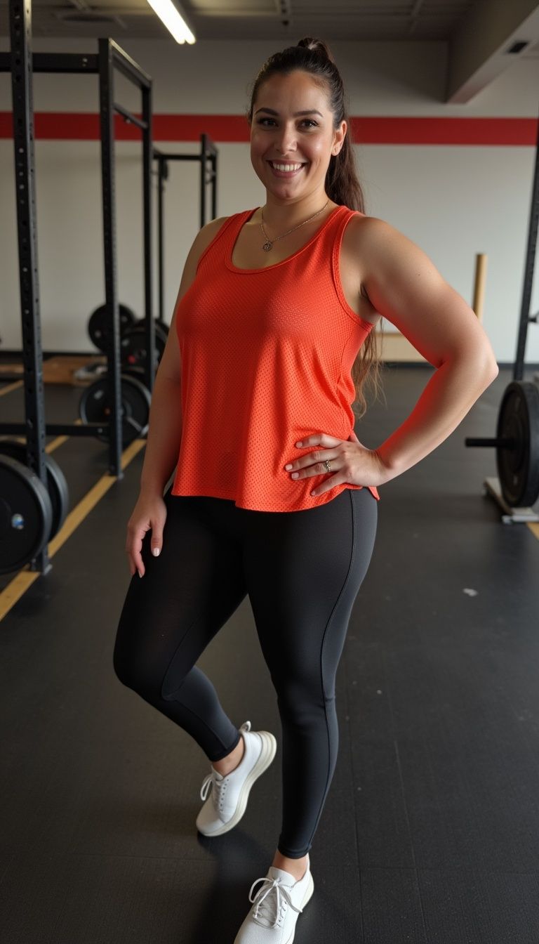 La mujer mide 1.66 m, pesa 71 Kg y usa talla L-XL